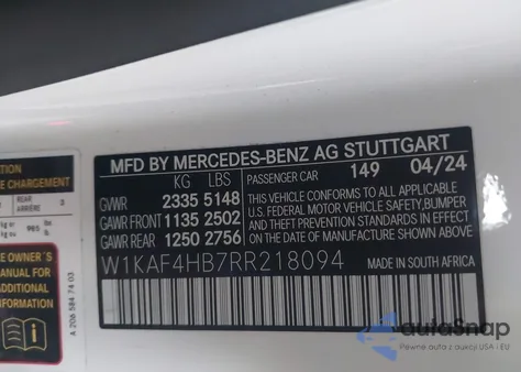 2024 Mercedes-Benz C 300 z USA, uszkodzony, nr VIN W1KAF4HB7RR218094